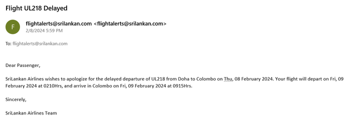 Flight UL218 Delayed Message Flight UL218 Delayed Message