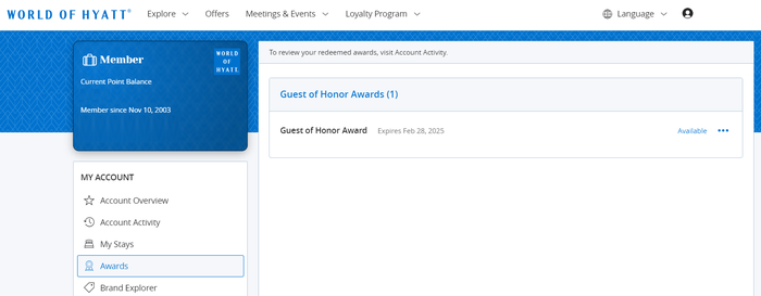 Guest of Honor recipient account award Guest of Honor recipient account award