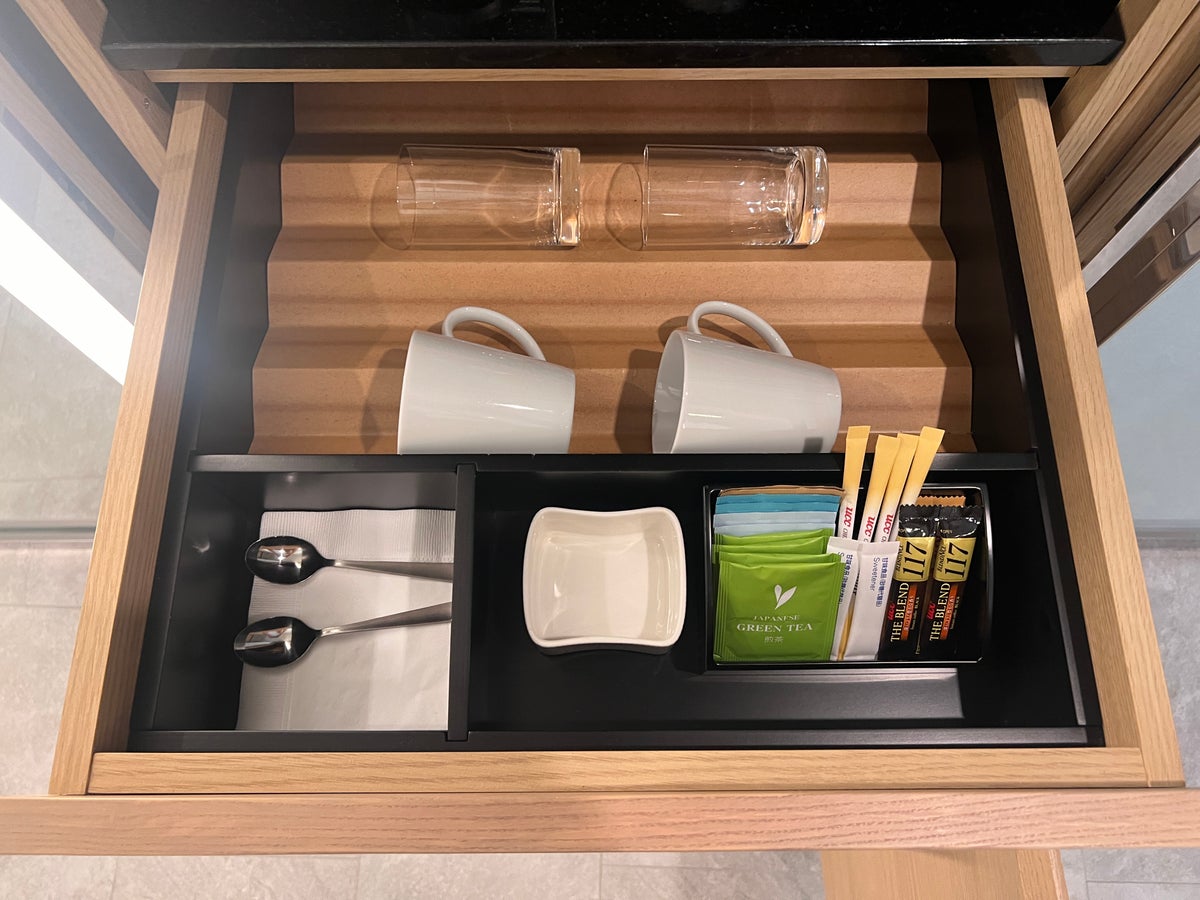 Hilton Tokyo Bay room coffee mugs and glasses drawer