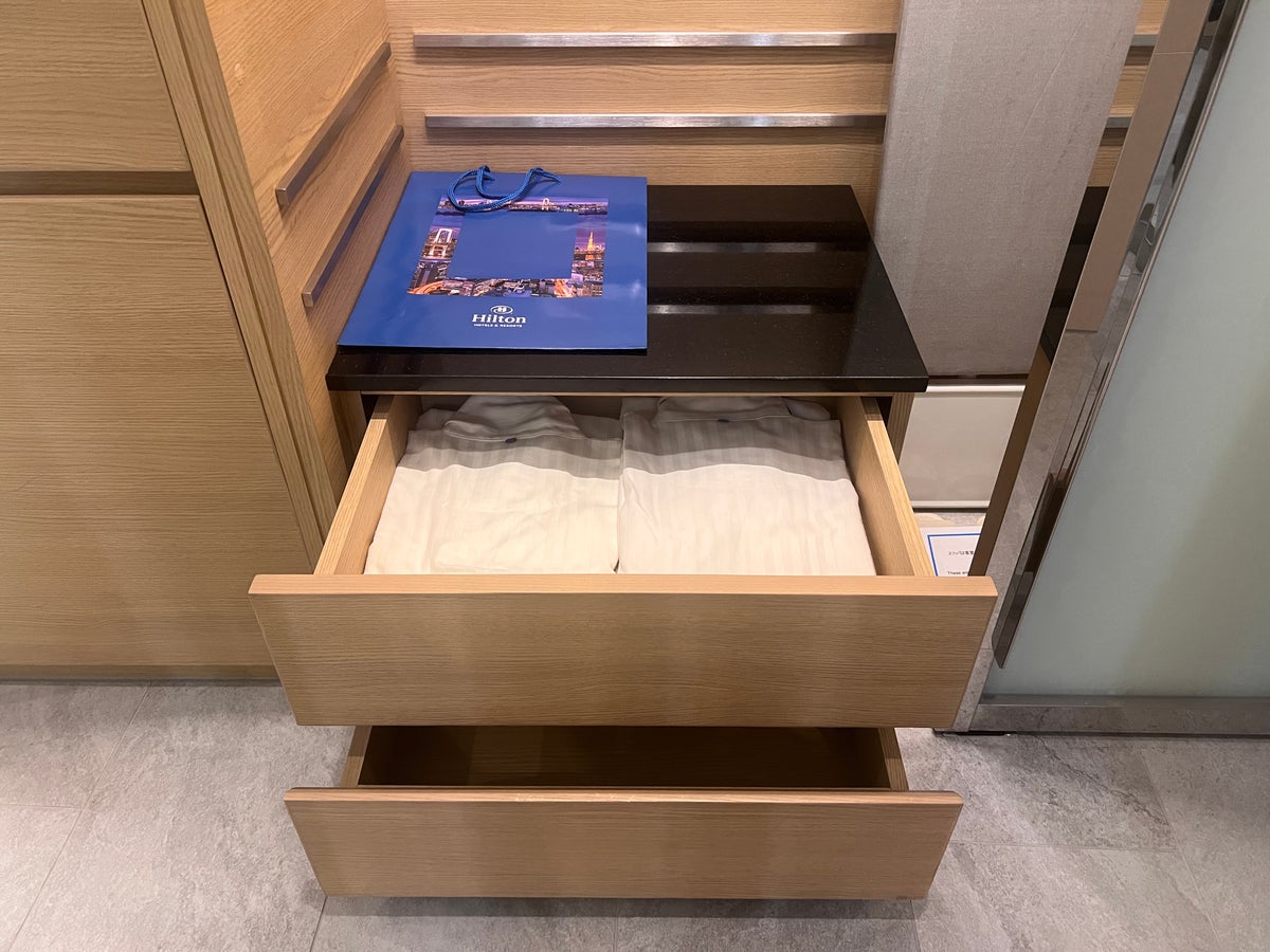 Hilton Tokyo Bay room drawers and pajamas