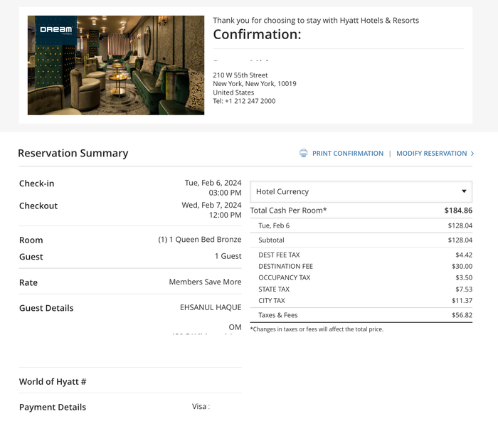Hyatt Dream Midtown confirmation