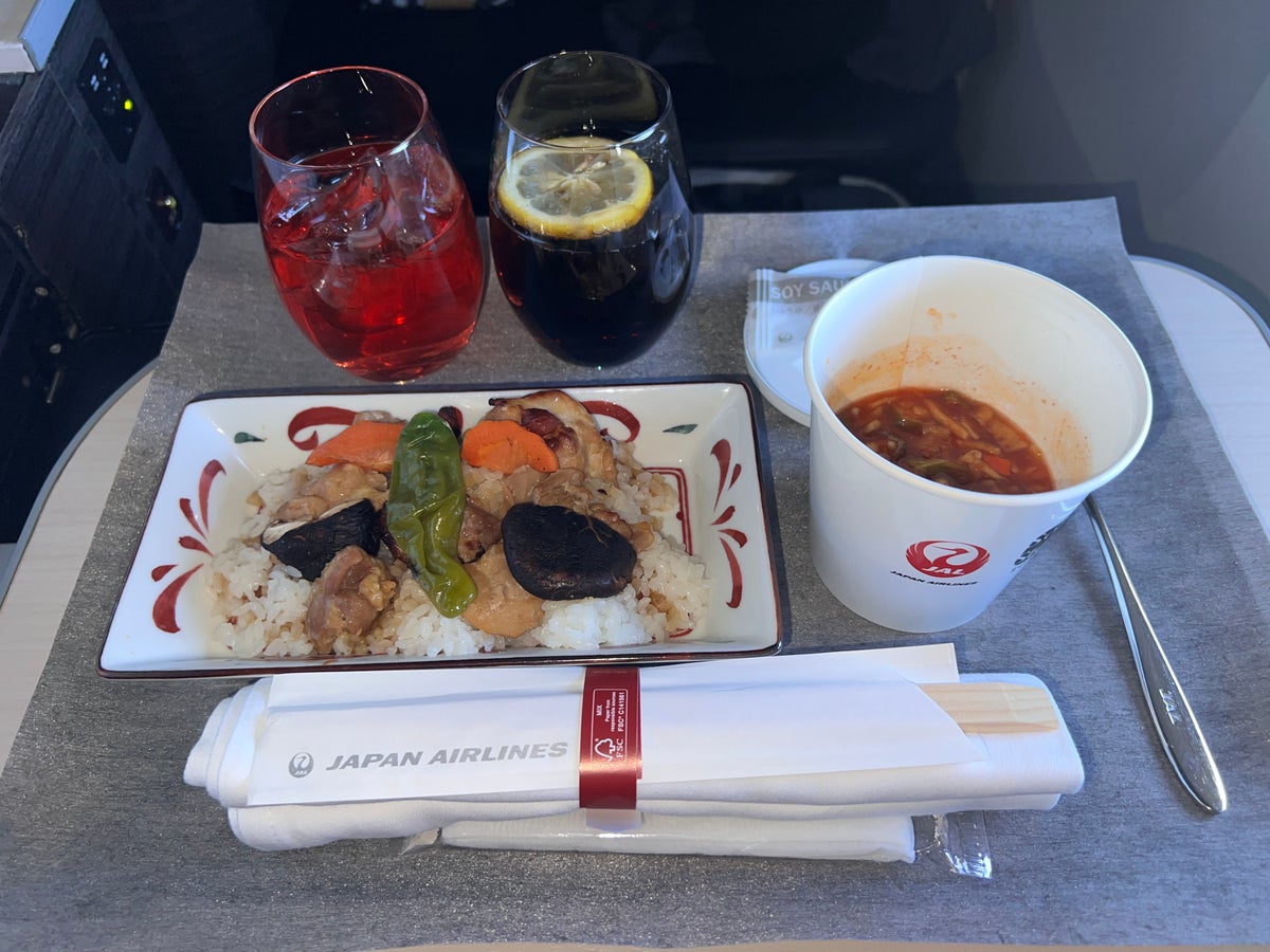 Japan Airlines 777 300er business class chicken and vegetbale teriyaki rice bowl