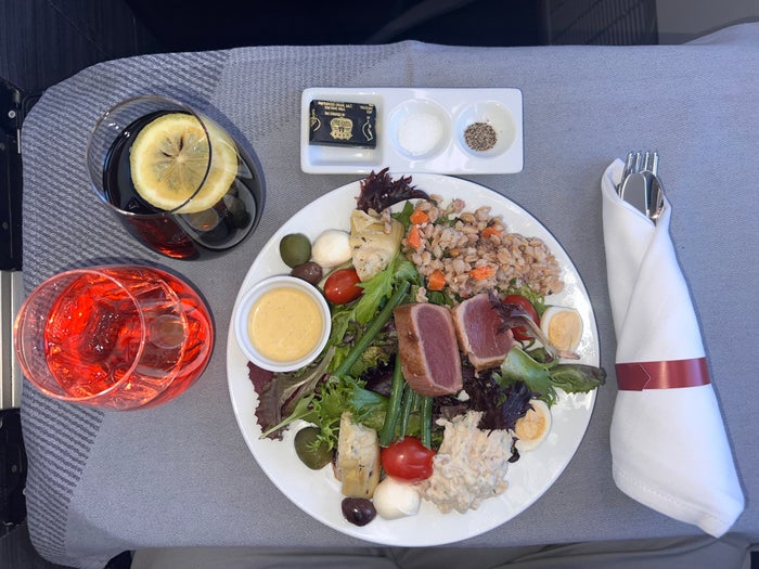 Japan Airlines 777 300er business class international appetizer seared tuna Japan Airlines 777 300er business class international appetizer seared tuna
