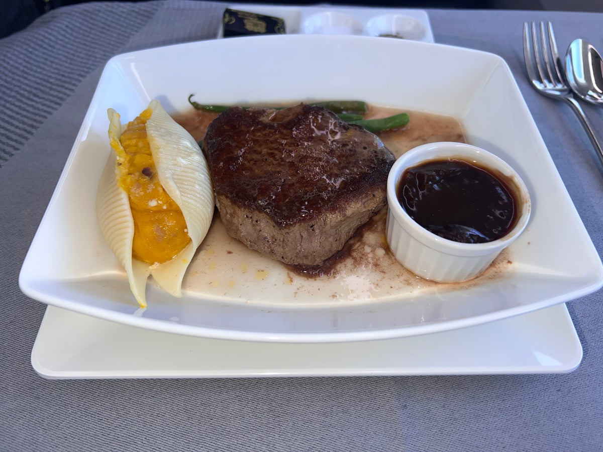 Japan Airlines 777 300er business class international main course prime beef tenderloin