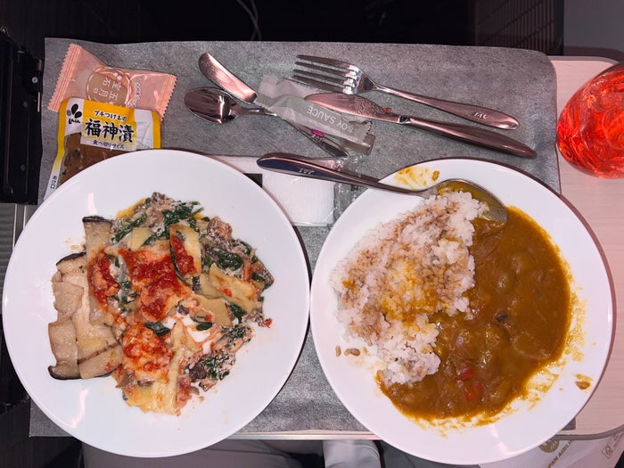 Japan Airlines 777 300er business class light meal vegetable lasagna and vegetable curry Japan Airlines 777 300er business class light meal vegetable lasagna and vegetable curry