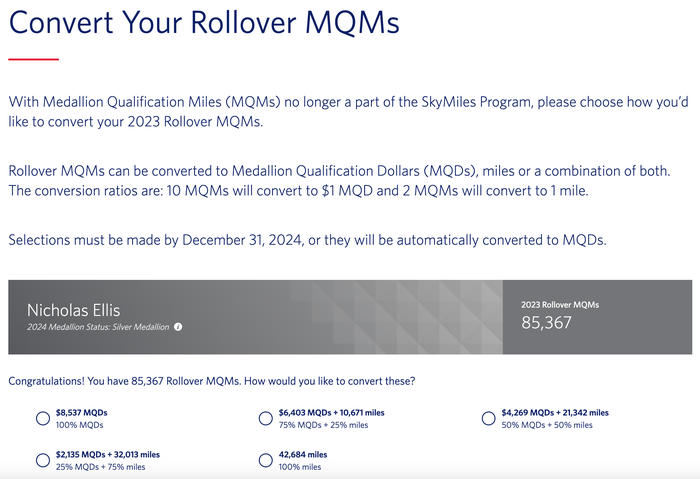 Delta rollover MQM conversion options Delta rollover MQM conversion options