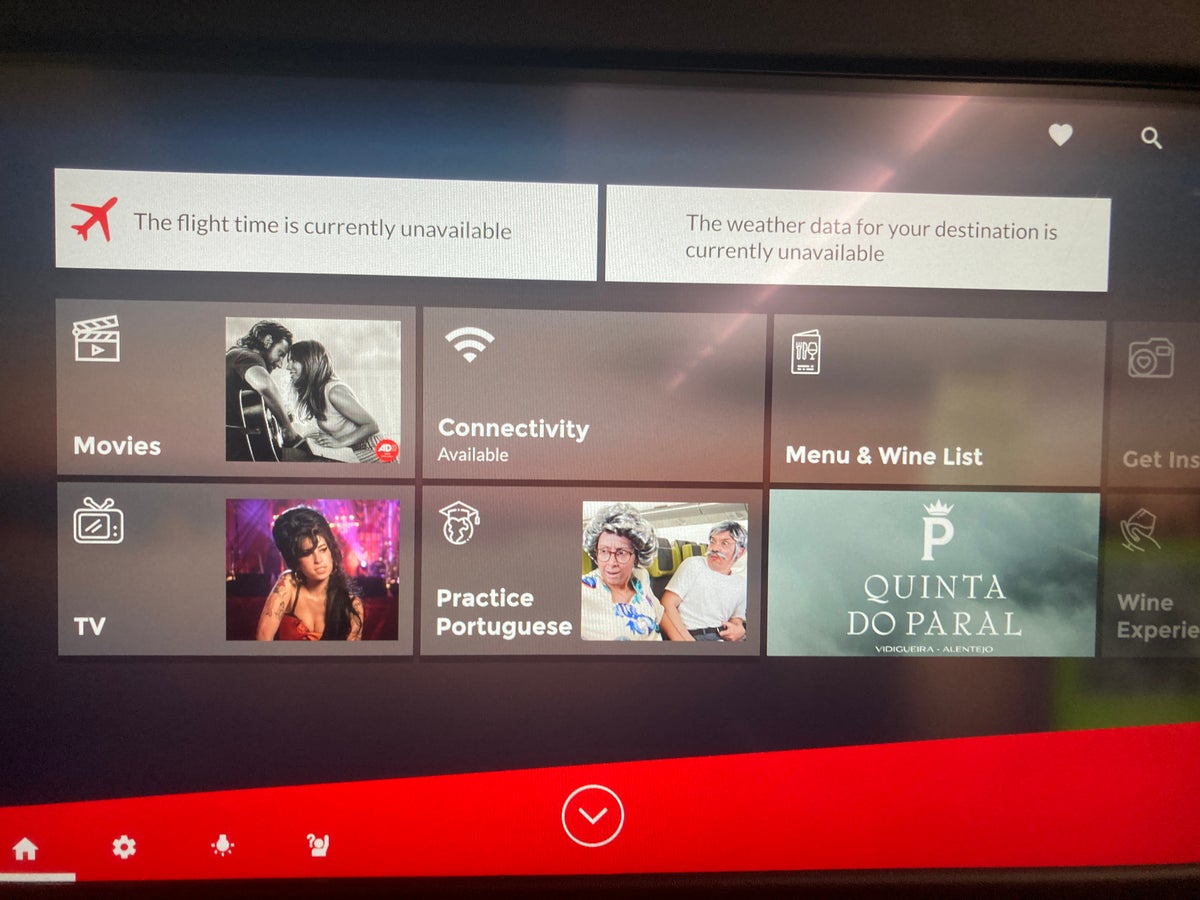 TAP Air Portugal A321LR neo business class EWR LIS entertainment system menu