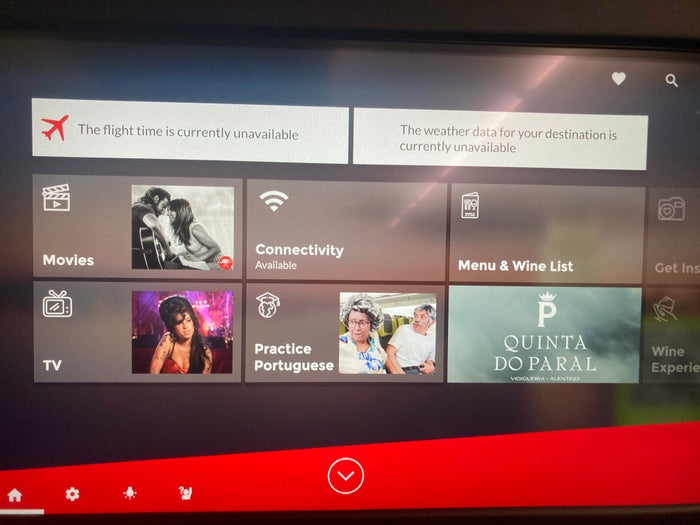 TAP Air Portugal A321LR neo business class EWR LIS entertainment system menu TAP Air Portugal A321LR neo business class EWR LIS entertainment system menu