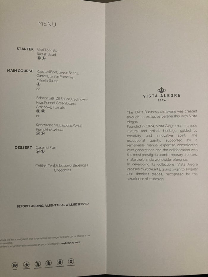 TAP Air Portugal A321LR neo business class EWR LIS menu TAP Air Portugal A321LR neo business class EWR LIS menu