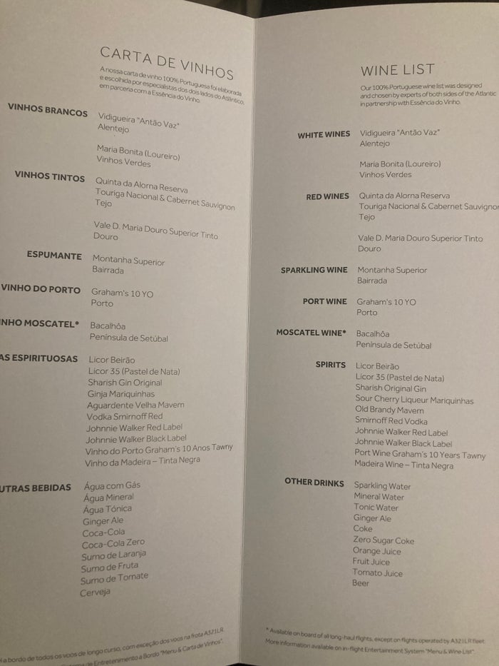 TAP Air Portugal A321LR neo business class EWR LIS wine list TAP Air Portugal A321LR neo business class EWR LIS wine list