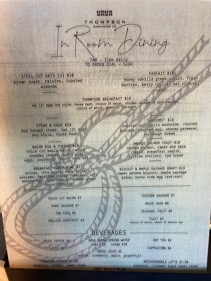 Thompson Washington DC in room dining breakfast menu Thompson Washington DC in room dining breakfast menu