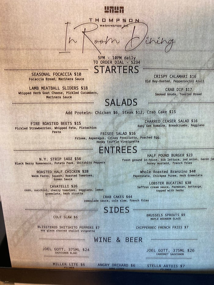 Thompson Washington DC in room dining dinner menu Thompson Washington DC in room dining dinner menu