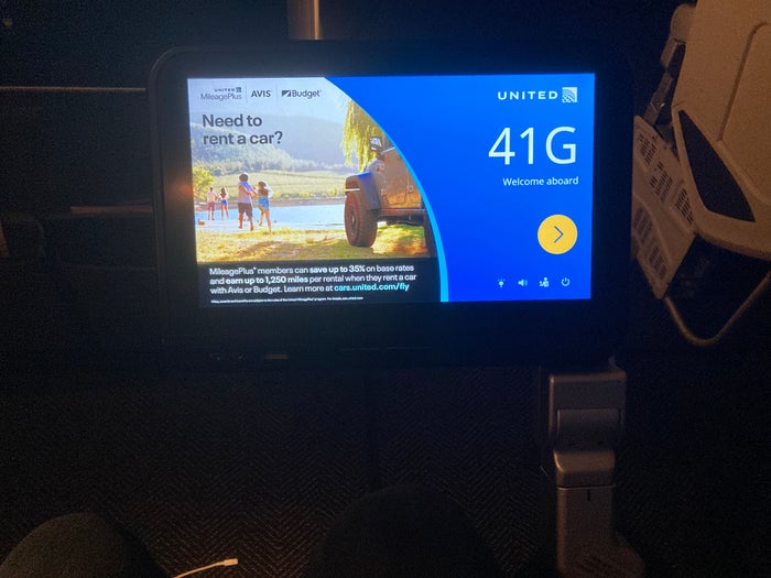 United Boeing 777 200 entertainment screen at bulkhead seat