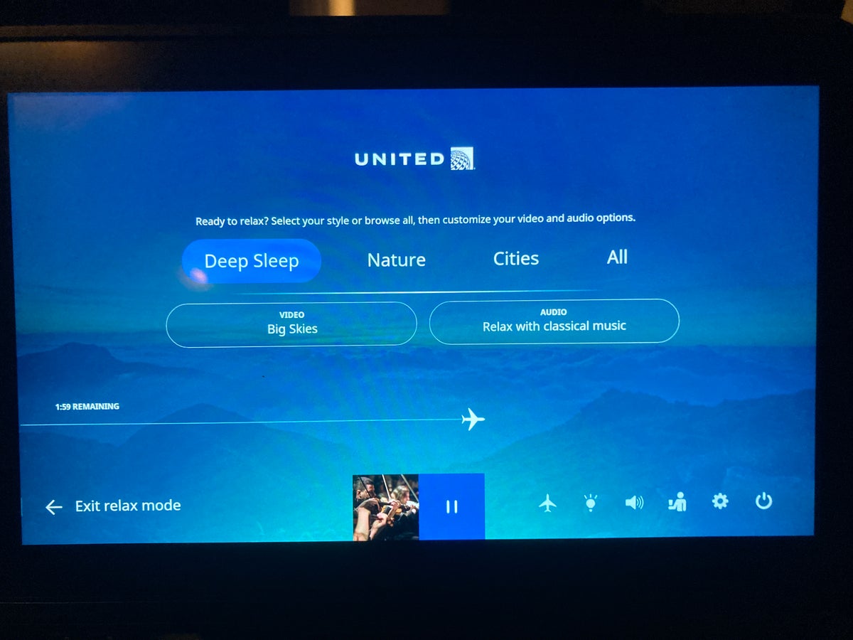 United Boeing 777 200 personal entertainment system relax mode