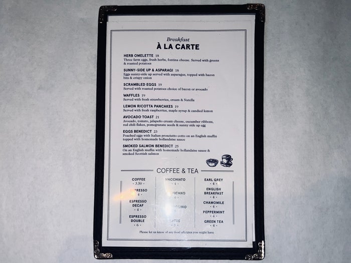 Hyatt Dream Midtown a la carte breakfast menu