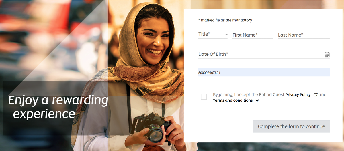 Screenshot of Etihad's website where you can sign up for Etihad Guest