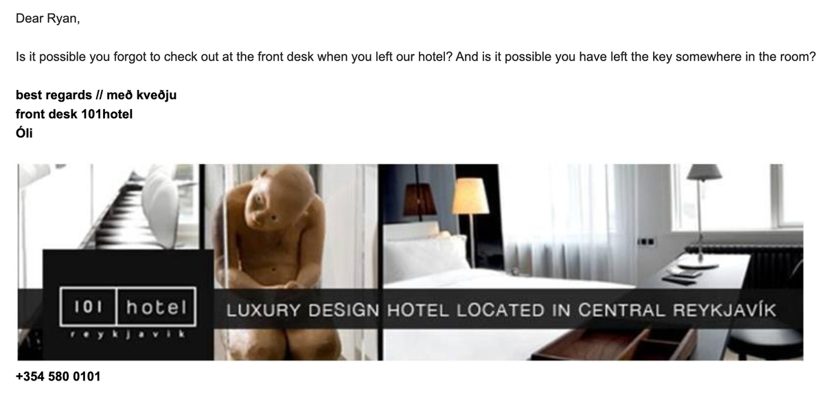 101 Hotel Reykjavik email after checkout