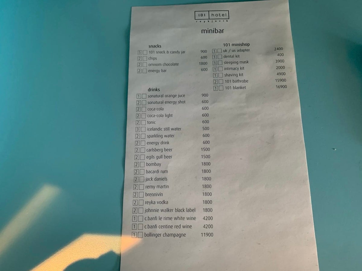 101 Hotel Reykjavik minibar price list