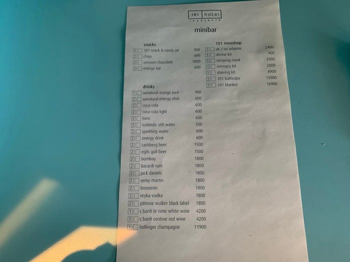 101 Hotel Reykjavik minibar price list 101 Hotel Reykjavik minibar price list
