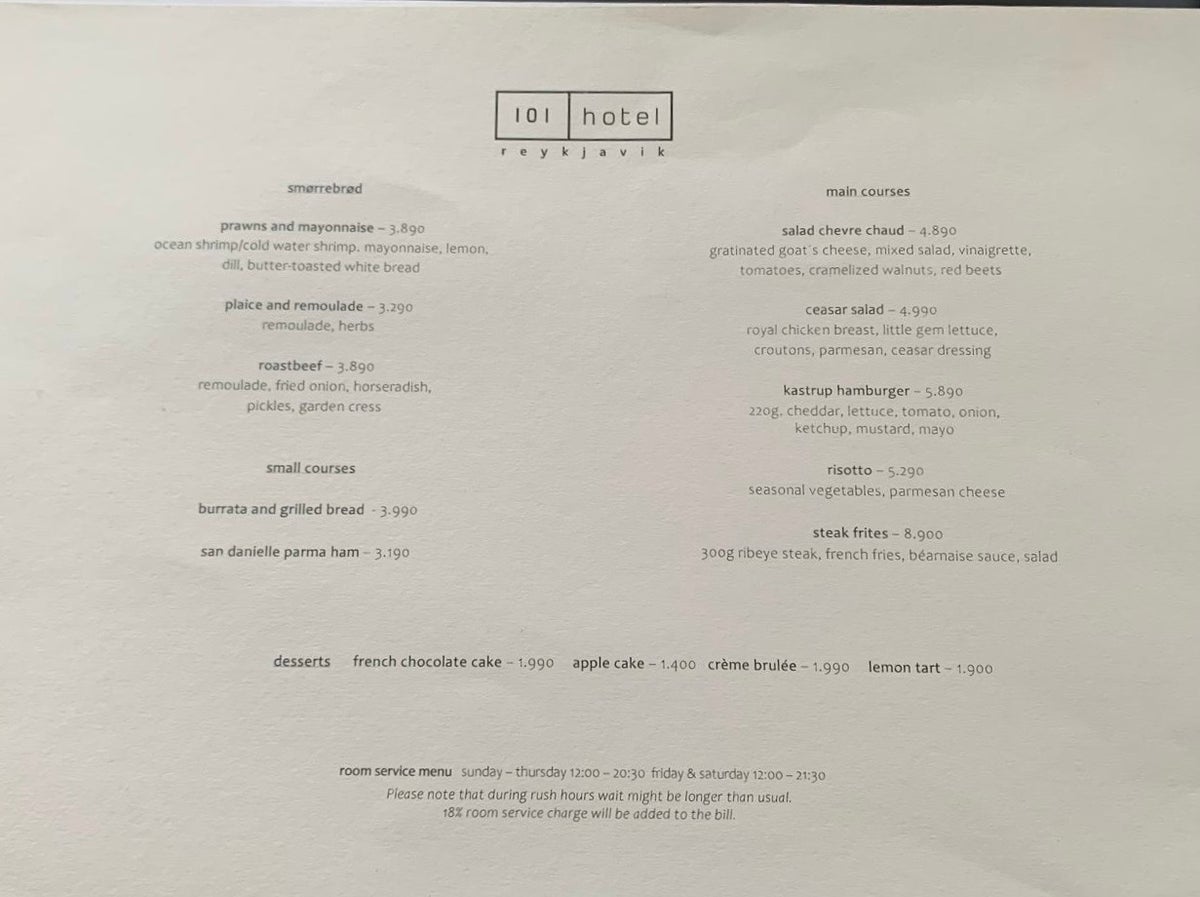 101 Hotel Reykjavik room service menu