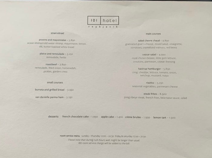 101 Hotel Reykjavik room service menu 101 Hotel Reykjavik room service menu