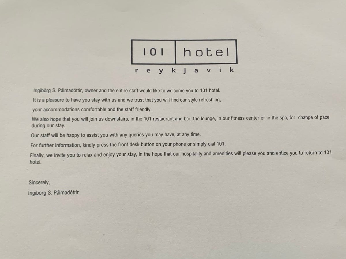 101 Hotel Reykjavik welcome letter