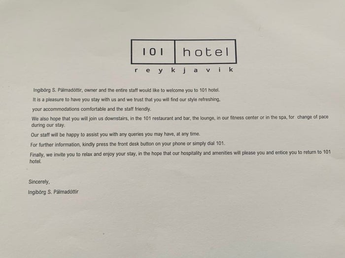 101 Hotel Reykjavik welcome letter 101 Hotel Reykjavik welcome letter