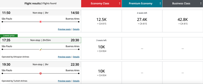 Aeroplan GRU EZE Award Rates