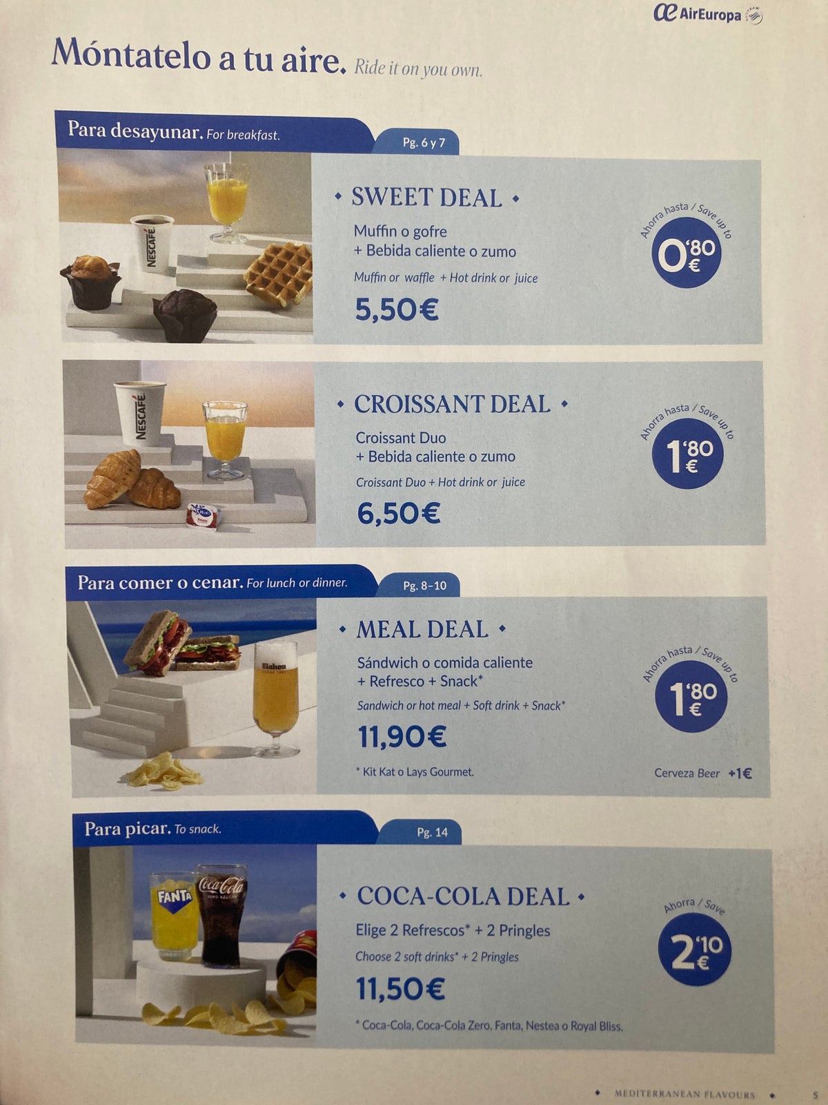Air Europa economy breakfast menu B737 800 MAD AGP