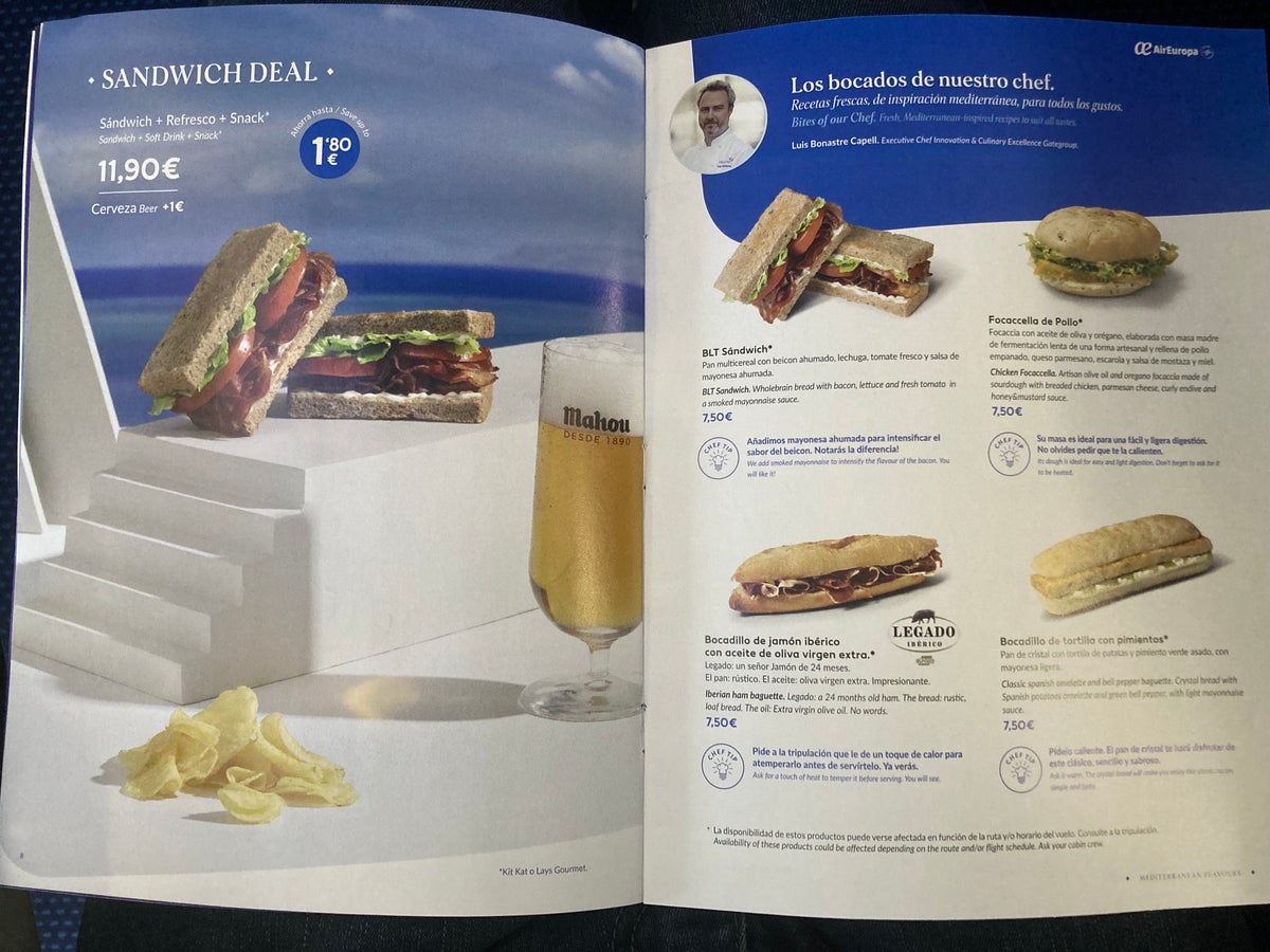 Air Europa economy sandwich menu B737 800 MAD AGP