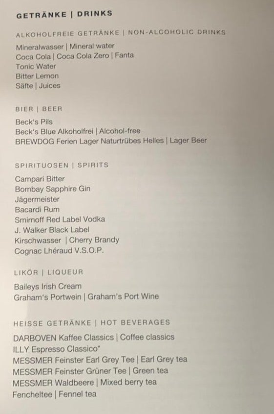 Condor A330 900neo business class drink menu