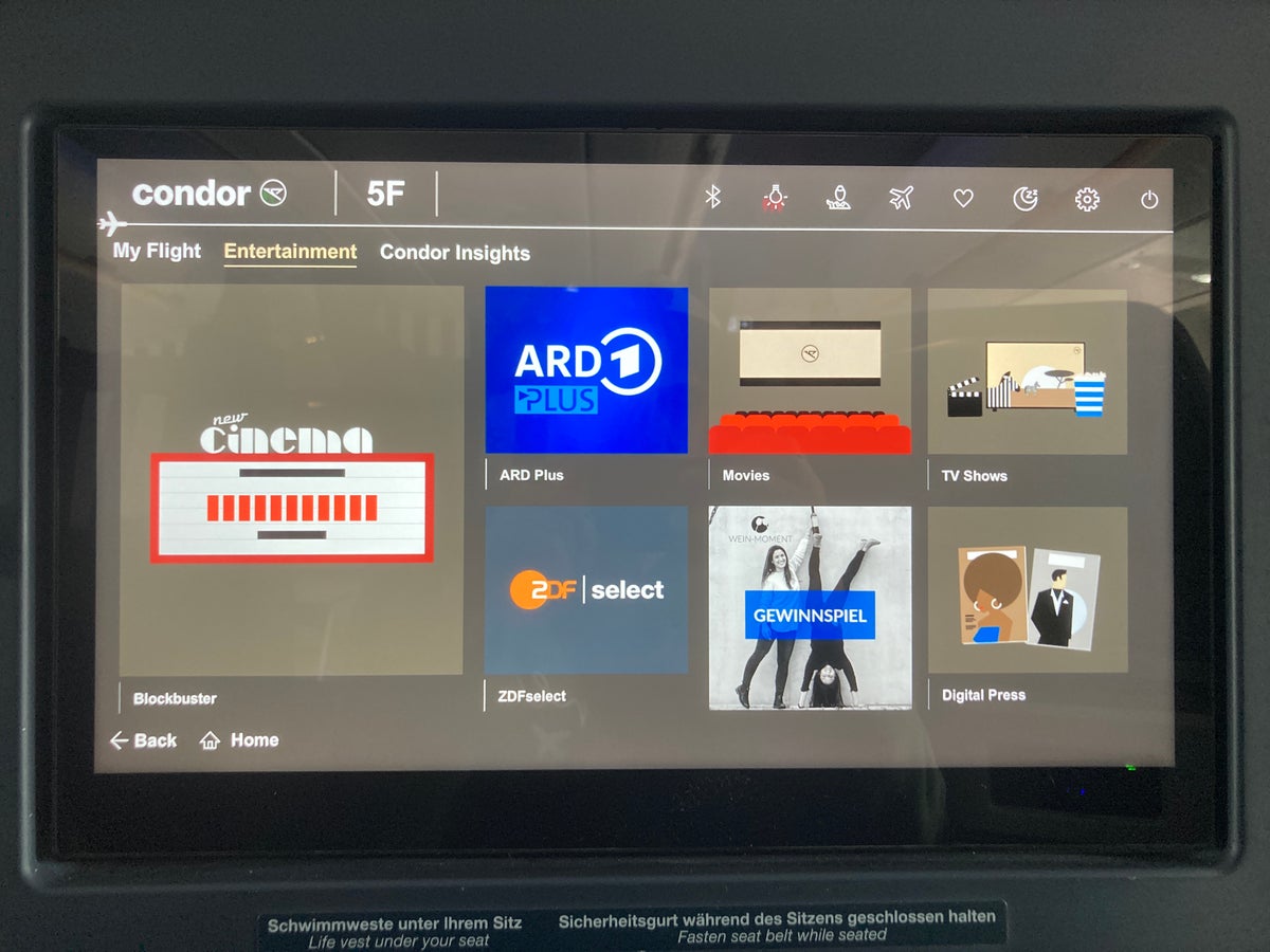 Condor A330 900neo business class entertainment system entertainment page