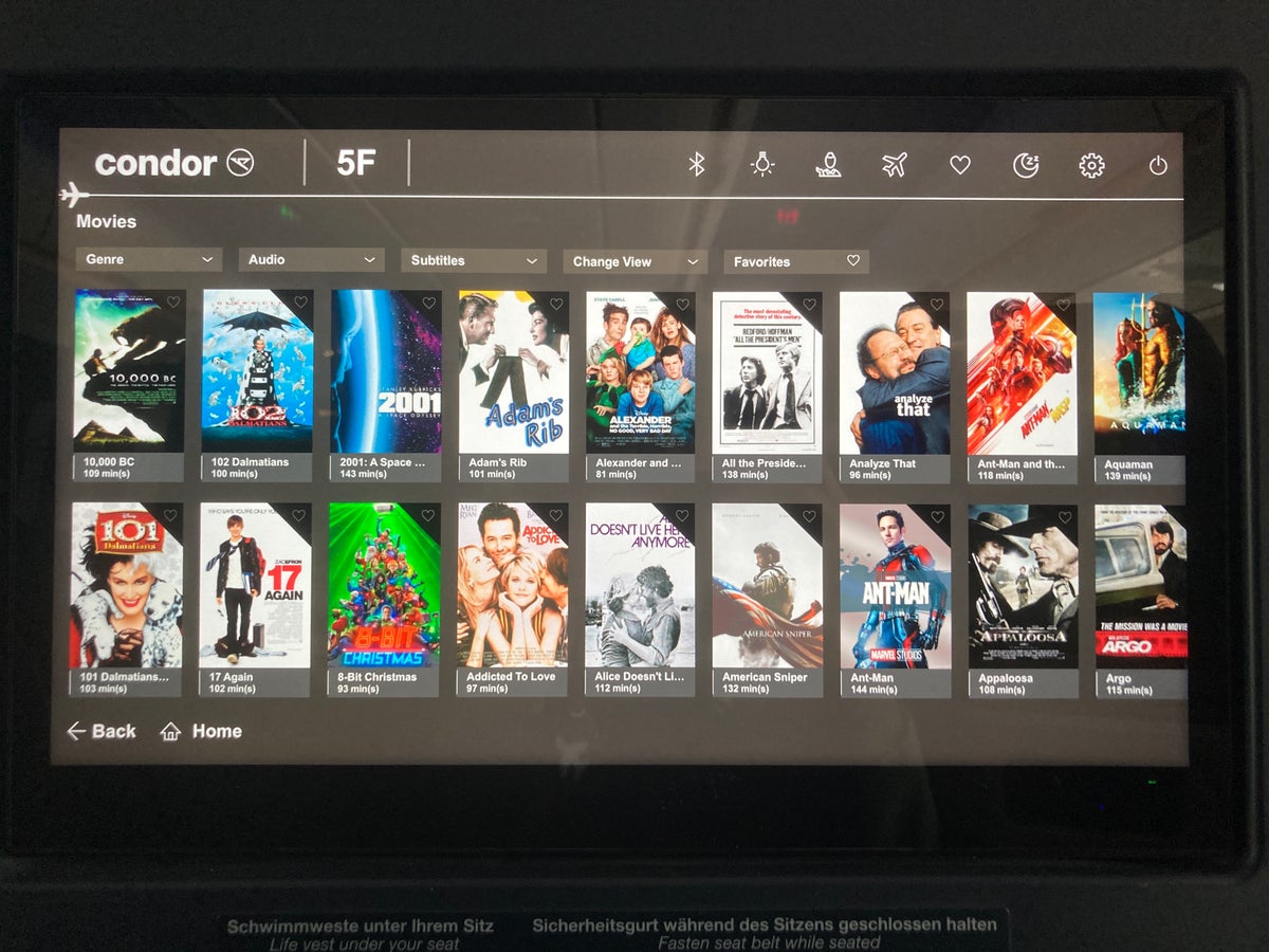 Condor A330 900neo business class entertainment system movies