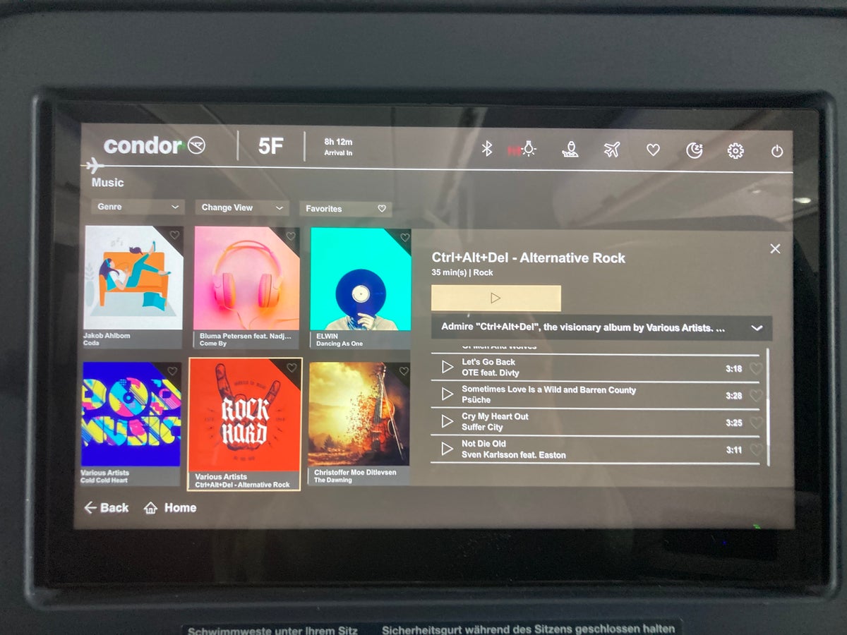 Condor A330 900neo business class entertainment system music limitations