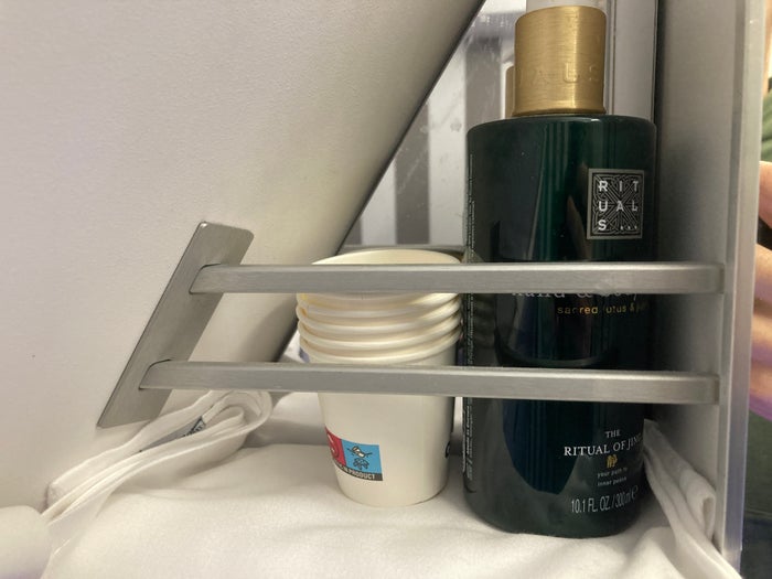 Condor A330 900neo business class lavatory lotion and cups Condor A330 900neo business class lavatory lotion and cups