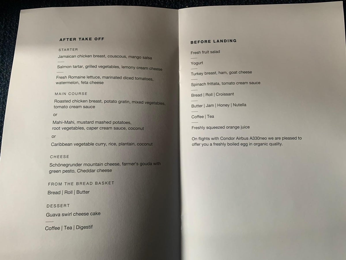 Condor A330 900neo business class menu