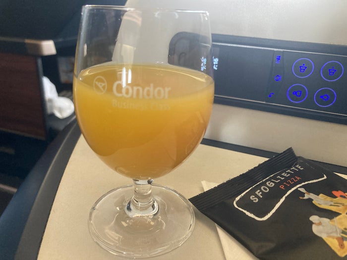 Condor A330 900neo business class welcome drink Condor A330 900neo business class welcome drink
