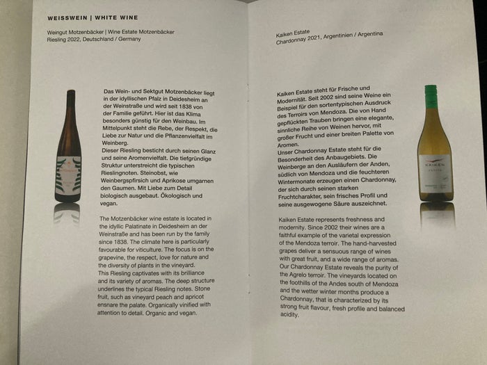 Condor A330 900neo business class wine menu Condor A330 900neo business class wine menu