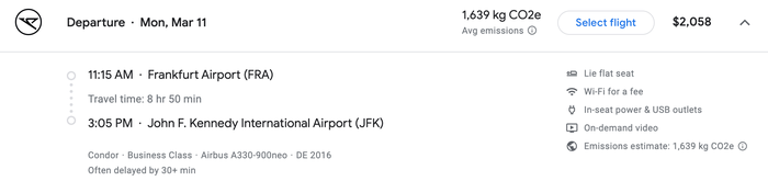 Condor business class cash price FRA JFK Condor business class cash price FRA JFK