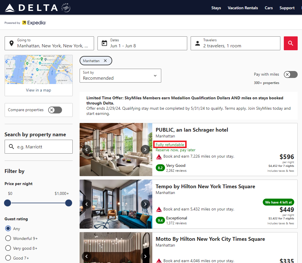 Delta Stays NYC pay with cash fully refundable