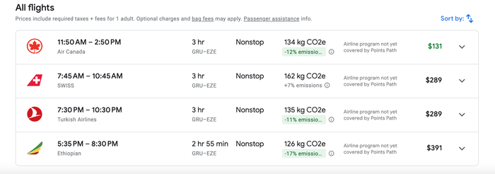 Ethiopean GRU EZE Screenshot Google Flights