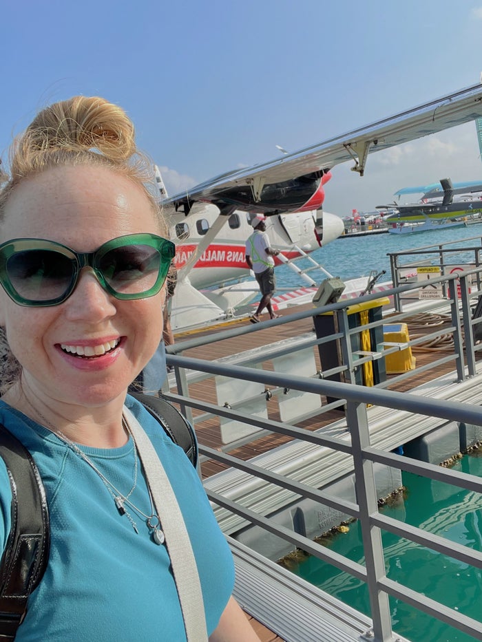 Getting on the seaplane transfer in the Maldives Getting on the seaplane transfer in the Maldives