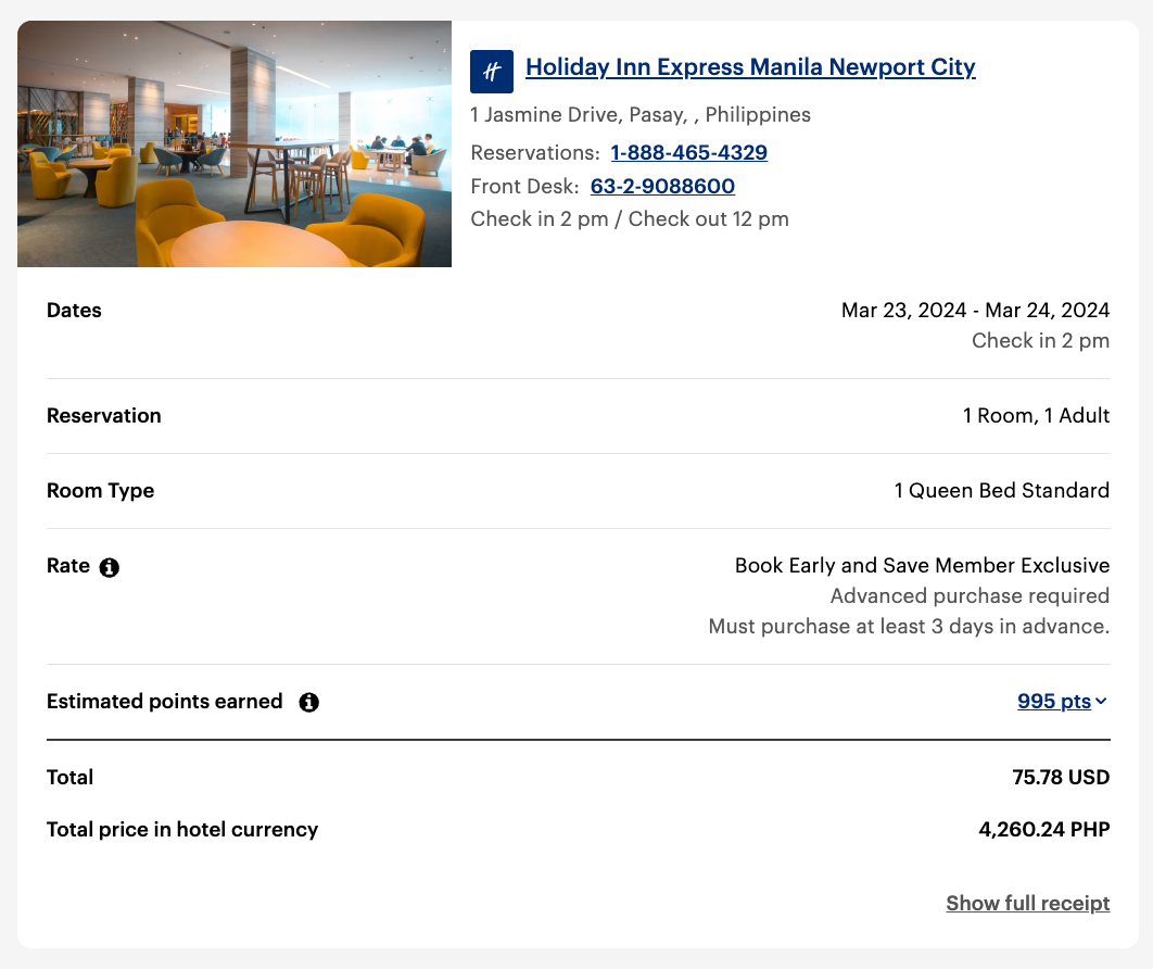 Holiday Inn Express Manila Newport City booking confirmation and total