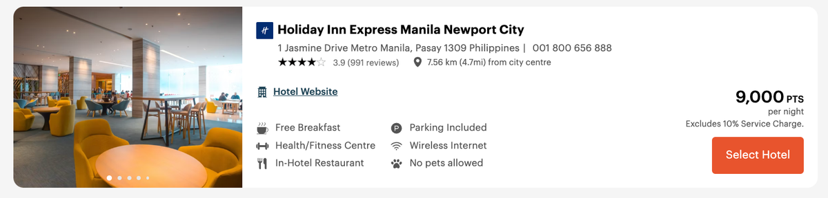 Holiday Inn Express Manila Newport City points award pricing