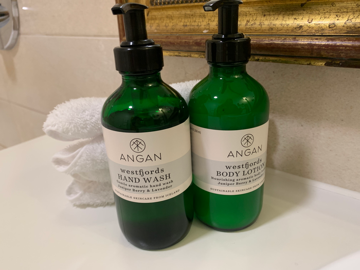 Hotel Ranga bathroom toiletries on sink counter Hotel Ranga bathroom toiletries on sink counter