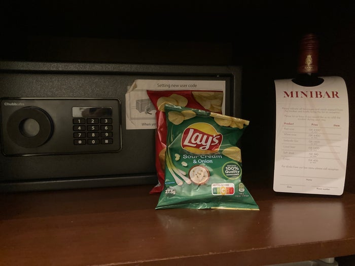 Hotel Ranga deluxe room safe and snacks in closet Hotel Ranga deluxe room safe and snacks in closet