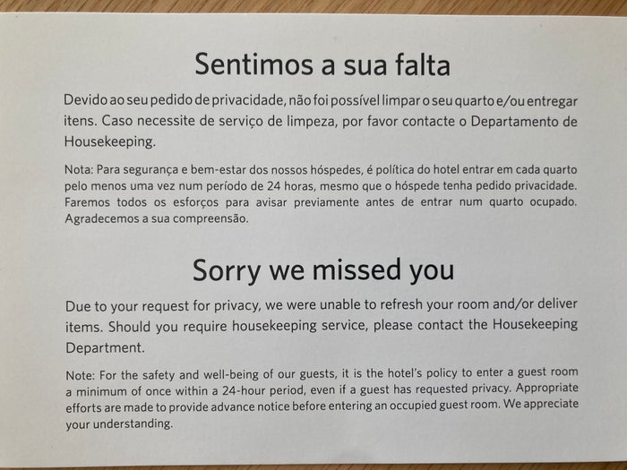 Hyatt Regency Lisbon housekeeping note Hyatt Regency Lisbon housekeeping note