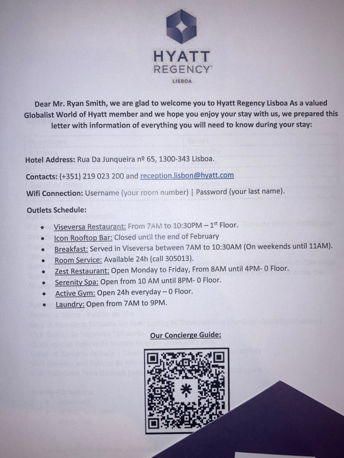 Hyatt Regency Lisbon welcome letter Hyatt Regency Lisbon welcome letter