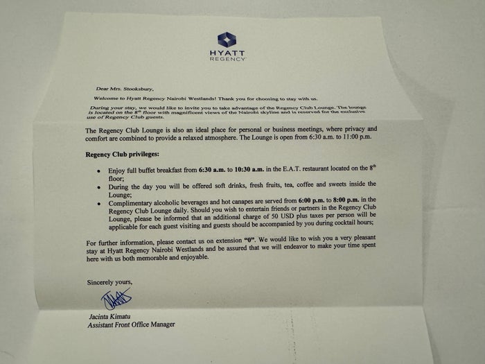 Hyatt Regency Nairobi Regency Club letter