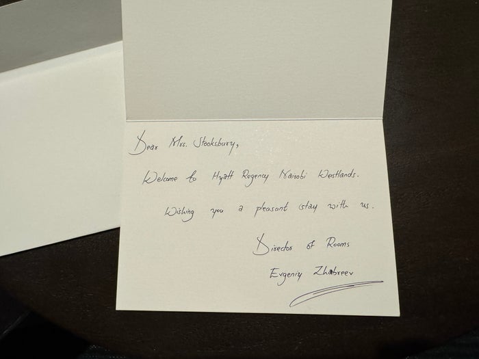 Hyatt Regency Nairobi king bed deluxe welcome note